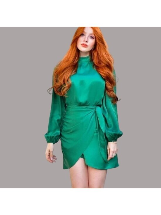 Zara Dresses & Skirts - Zara Womens Green Satin Mini Dress M Long Sleeve Waist-Tie Wrap Design